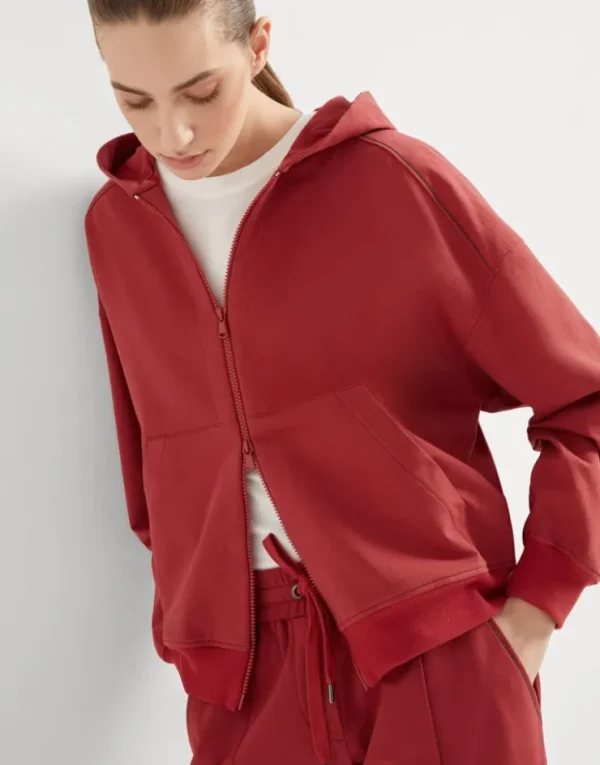 Brunello Cucinelli Jacke aus leichtem Stretch-Baumwollsweat mit Reißverschluss, Kapuze und Shiny Trims | Damen Travelwear