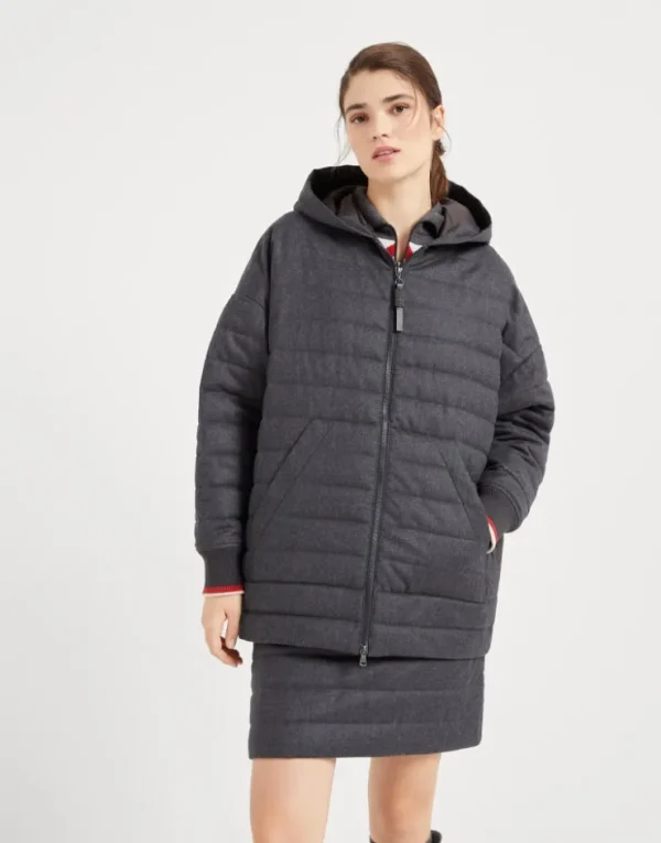 Brunello Cucinelli Jacke aus wasserabweisendem Schurwollflanell mit Kapuze, Wattierung aus Thermore® und Shiny Zipper Pull | Damen Mäntel & Jacken