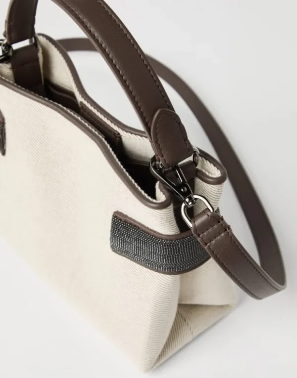 Brunello Cucinelli Kleine Top-Handle Essence-Tasche aus Drill in Baumwolle und Leinen mit Precious Bands | Damen Umhängetaschen & Rucksäcke