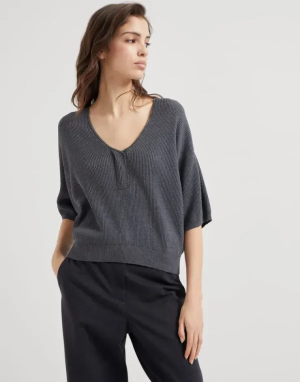 Brunello Cucinelli Kurzärmeliger Pullover aus Baumwolle in Patentstrick mit Shiny Neckline | Damen Strickwaren