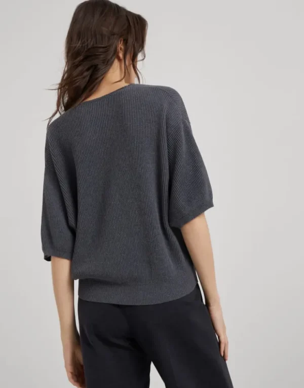 Brunello Cucinelli Kurzärmeliger Pullover aus Baumwolle in Patentstrick mit Shiny Neckline | Damen Strickwaren