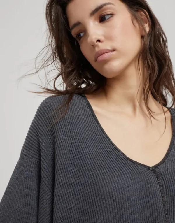 Brunello Cucinelli Kurzärmeliger Pullover aus Baumwolle in Patentstrick mit Shiny Neckline | Damen Strickwaren