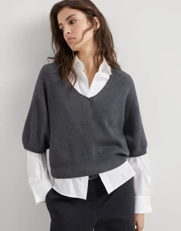 Brunello Cucinelli Kurzärmeliger Pullover aus Baumwolle in Patentstrick mit Shiny Neckline | Damen Strickwaren