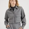 Brunello Cucinelli Kurze Crop-Hemdjacke aus doppeltem Schurwolltuch mit Shiny Tab | Damen Mäntel & Jacken