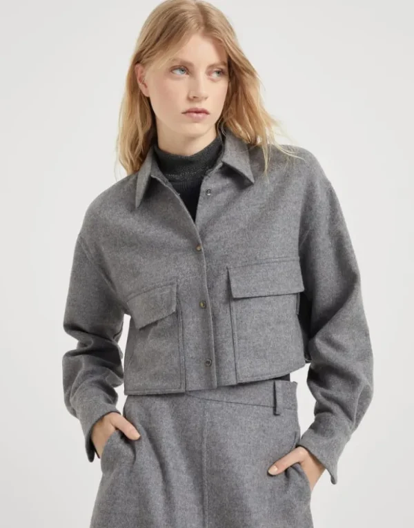 Brunello Cucinelli Kurze Crop-Hemdjacke aus doppeltem Schurwolltuch mit Shiny Tab | Damen Mäntel & Jacken