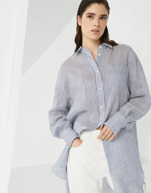 Brunello Cucinelli Lange Bluse aus gestreiftem Organza in Leinen und Seide mit Shiny Collar Detail | Damen Hemden