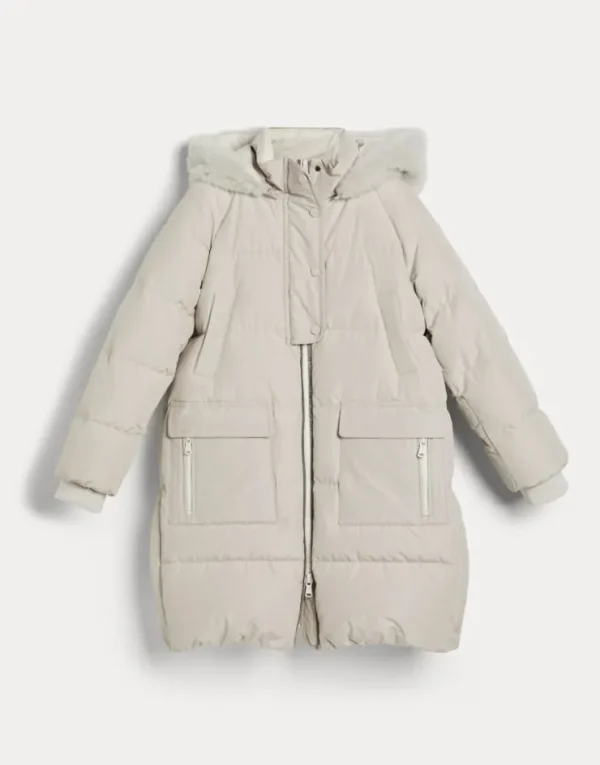 Brunello Cucinelli Lange Daunenjacke aus wasserabweisendem Taft mit Monili und abnehmbarer Kapuze aus Kaschmir-Shearling | Kinder Mäntel & Jacken