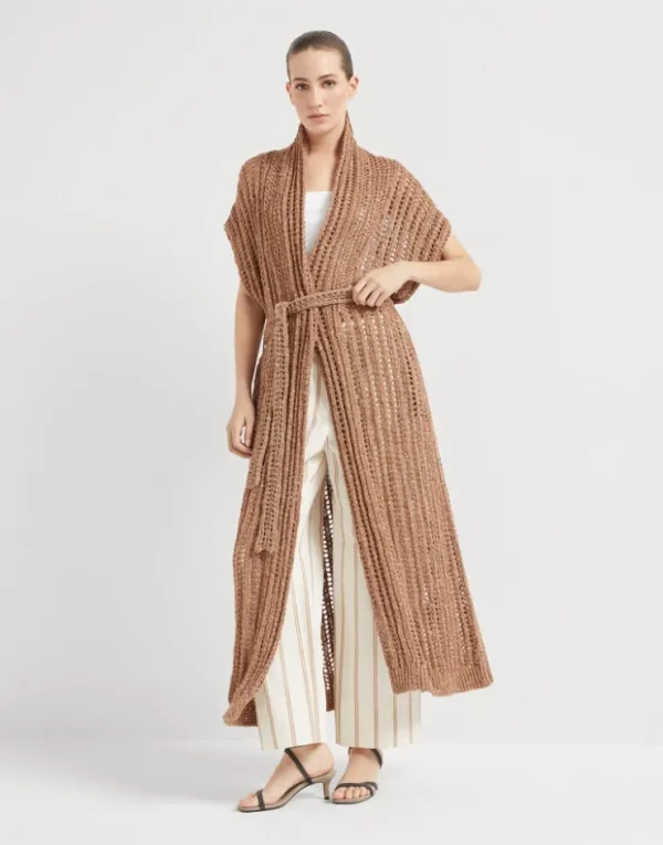 Brunello Cucinelli Langer Dazzling-Cardigan aus Seide und Leinen in durchbrochenem Rippenstrick | Damen Strickwaren