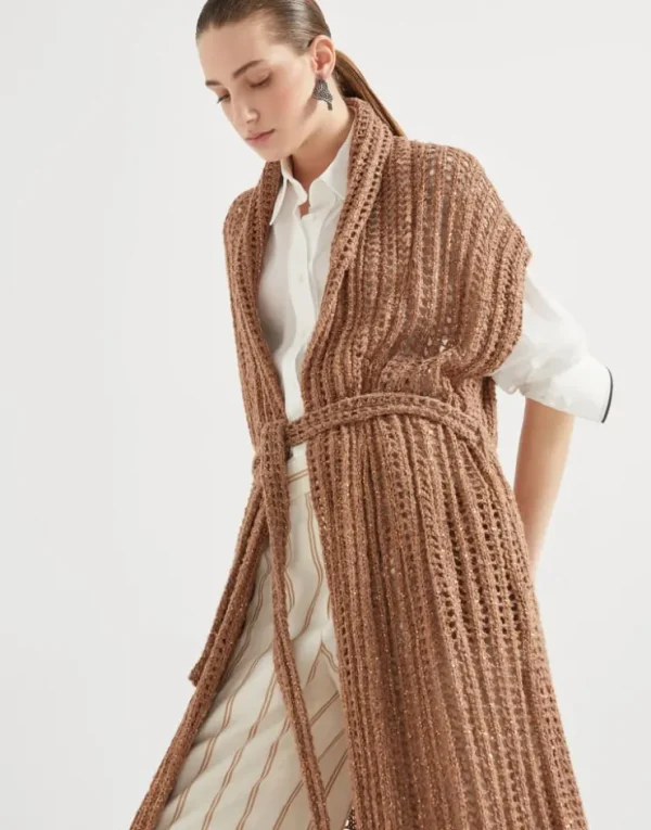 Brunello Cucinelli Langer Dazzling-Cardigan aus Seide und Leinen in durchbrochenem Rippenstrick | Damen Strickwaren