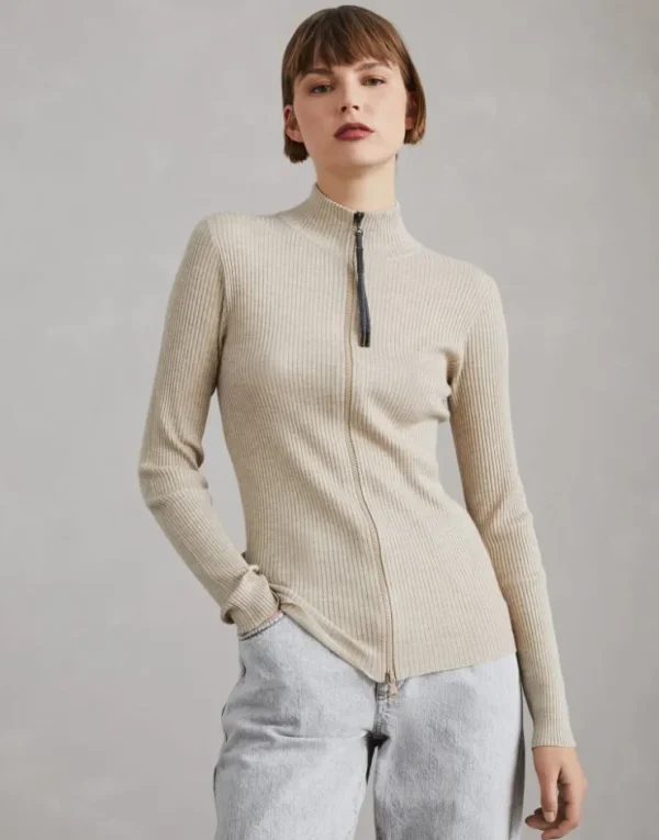 Brunello Cucinelli Leichter Cardigan aus Kaschmir und Sparkling-Seide in Rippenstrick mit Shiny Zipper Pull | Damen Strickwaren