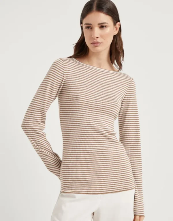 Brunello Cucinelli Leichter gestreifter Pullover aus Kaschmir und Sparkling-Seide | Damen Strickwaren