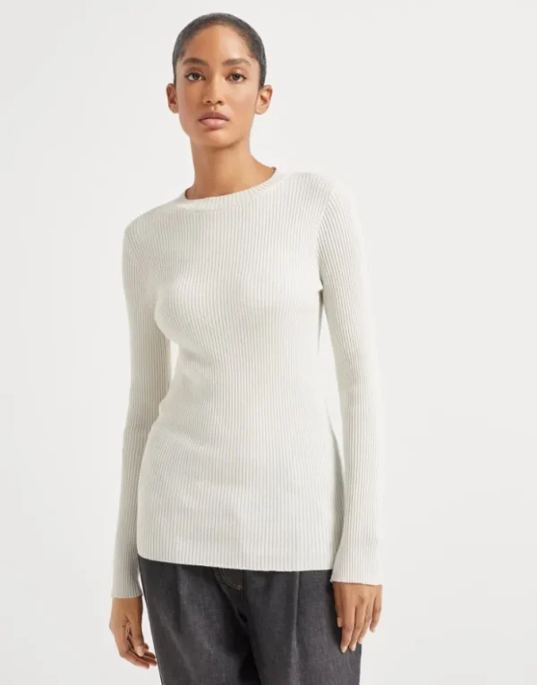 Brunello Cucinelli Leichter Pullover aus Kaschmir und Sparkling-Seide in Rippenstrick | Damen Strickwaren