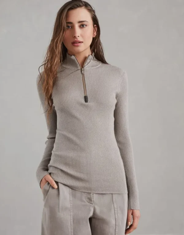 Brunello Cucinelli Leichter Pullover aus Kaschmir und Sparkling-Seide in Rippenstrick mit Reißverschluss und Shiny Detail | Damen Strickwaren