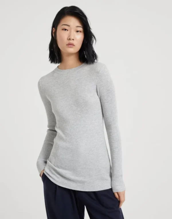 Brunello Cucinelli Leichter Pullover aus Kaschmir und Sparkling-Seide in Rippenstrick | Damen Strickwaren