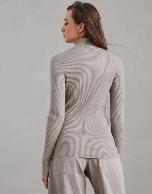 Brunello Cucinelli Leichter Pullover aus Kaschmir und Sparkling-Seide in Rippenstrick mit Reißverschluss und Shiny Detail | Damen Strickwaren