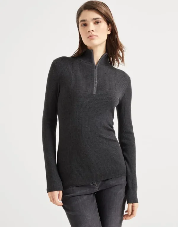 Brunello Cucinelli Leichter Pullover aus Schurwolle und Kaschmir in Patentstrick mit Precious Half Zip | Damen Strickwaren