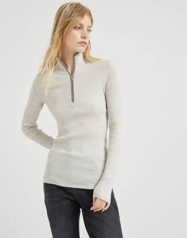 Brunello Cucinelli Leichter Pullover aus Schurwolle und Kaschmir in Patentstrick mit Precious Half Zip | Damen Strickwaren