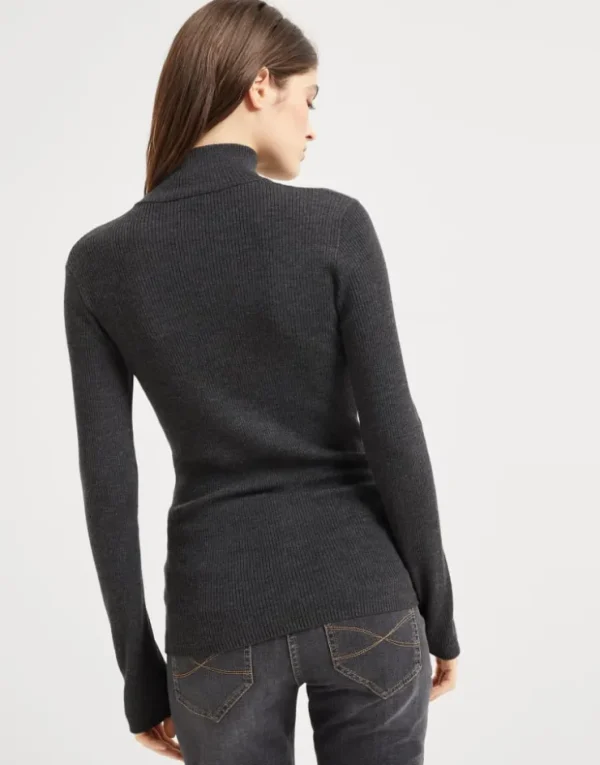 Brunello Cucinelli Leichter Pullover aus Schurwolle und Kaschmir in Patentstrick mit Precious Half Zip | Damen Strickwaren