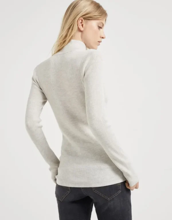 Brunello Cucinelli Leichter Pullover aus Schurwolle und Kaschmir in Patentstrick mit Precious Half Zip | Damen Strickwaren