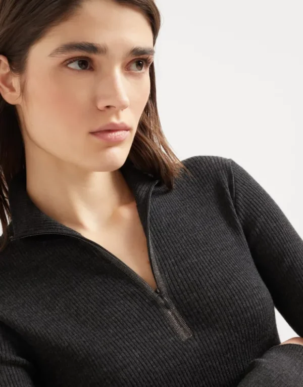 Brunello Cucinelli Leichter Pullover aus Schurwolle und Kaschmir in Patentstrick mit Precious Half Zip | Damen Strickwaren