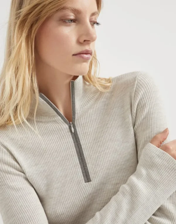 Brunello Cucinelli Leichter Pullover aus Schurwolle und Kaschmir in Patentstrick mit Precious Half Zip | Damen Strickwaren