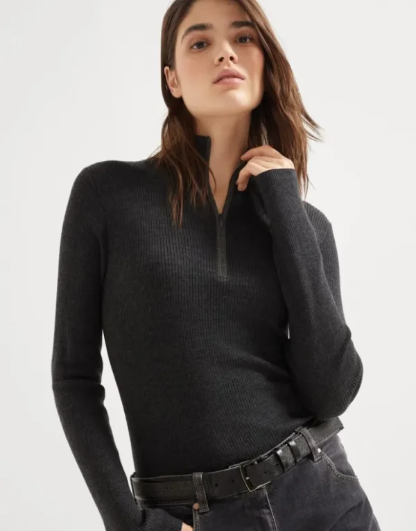 Brunello Cucinelli Leichter Pullover aus Schurwolle und Kaschmir in Patentstrick mit Precious Half Zip | Damen Strickwaren