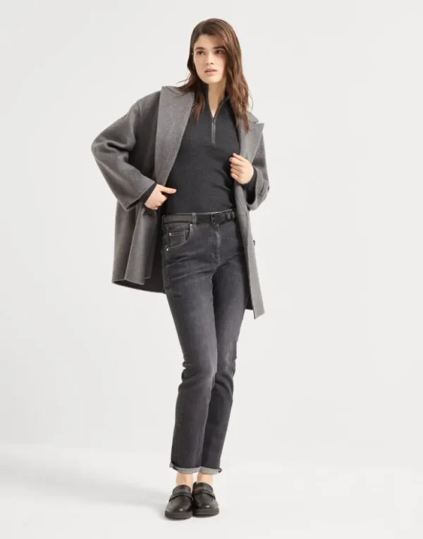 Brunello Cucinelli Leichter Pullover aus Schurwolle und Kaschmir in Patentstrick mit Precious Half Zip | Damen Strickwaren