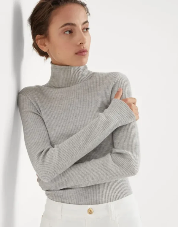 Brunello Cucinelli Leichter Rollkragenpullover aus Kaschmir und Sparkling-Seide in Rippenstrick | Damen Strickwaren