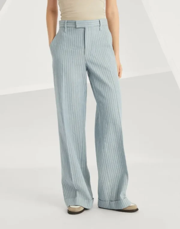 Brunello Cucinelli Loose Flared-Hose aus Nadelstreifen-Twill in Leinen und Hanf mit Monili | Damen Hosen