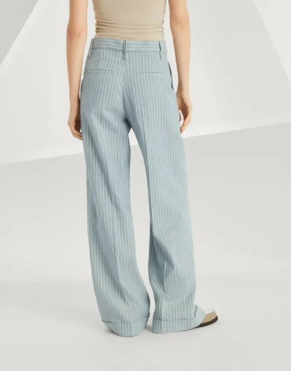 Brunello Cucinelli Loose Flared-Hose aus Nadelstreifen-Twill in Leinen und Hanf mit Monili | Damen Hosen