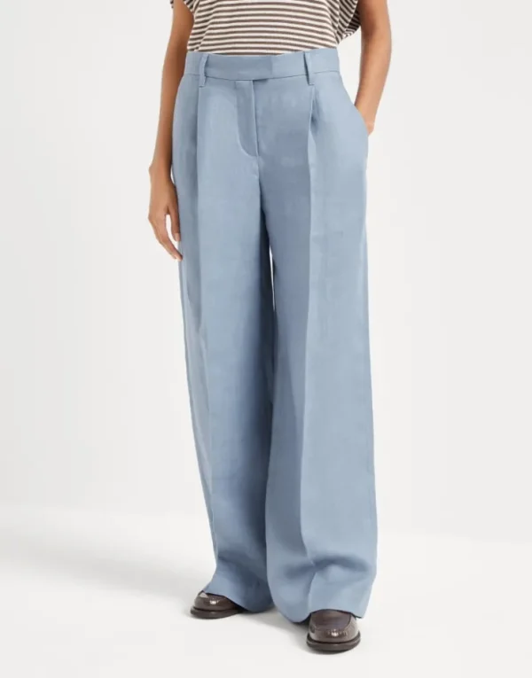 Brunello Cucinelli Loose Pleated-Hose aus gefärbtem Gabardine in Hanf und Leinen mit Monili | Damen Hosen