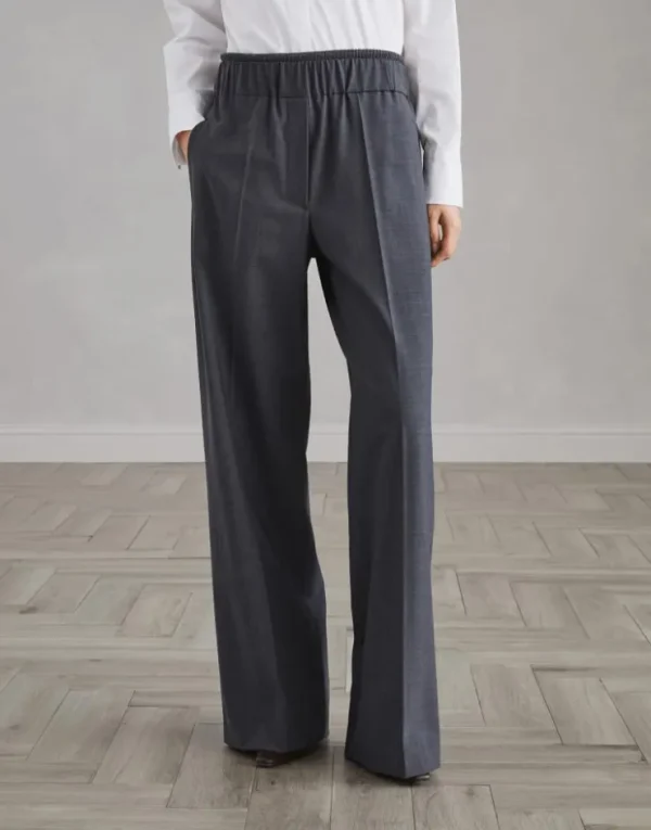 Brunello Cucinelli Loose Track-Hose aus Tropical Luxury-Wolle mit Shiny Ribbed Detail | Damen Hosen