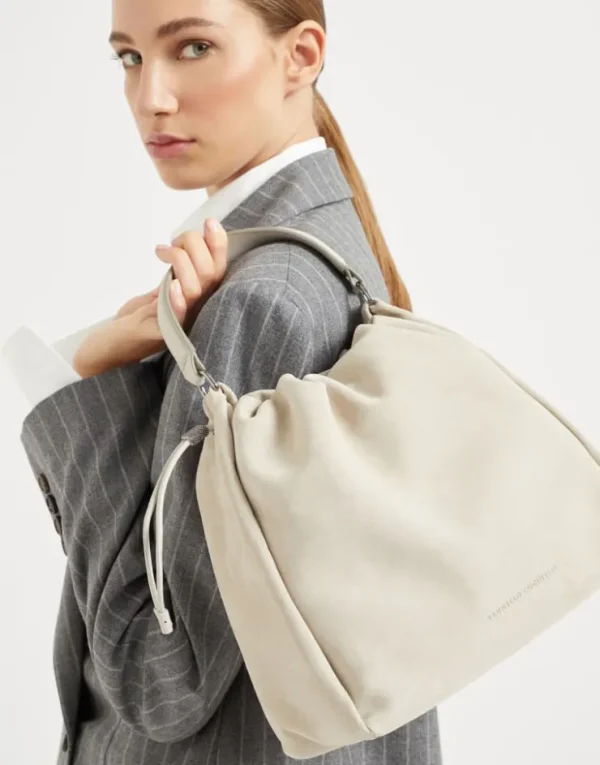 Brunello Cucinelli Mellow Bucket-Bag aus Kalbsveloursleder mit Monili | Damen Umhängetaschen & Rucksäcke