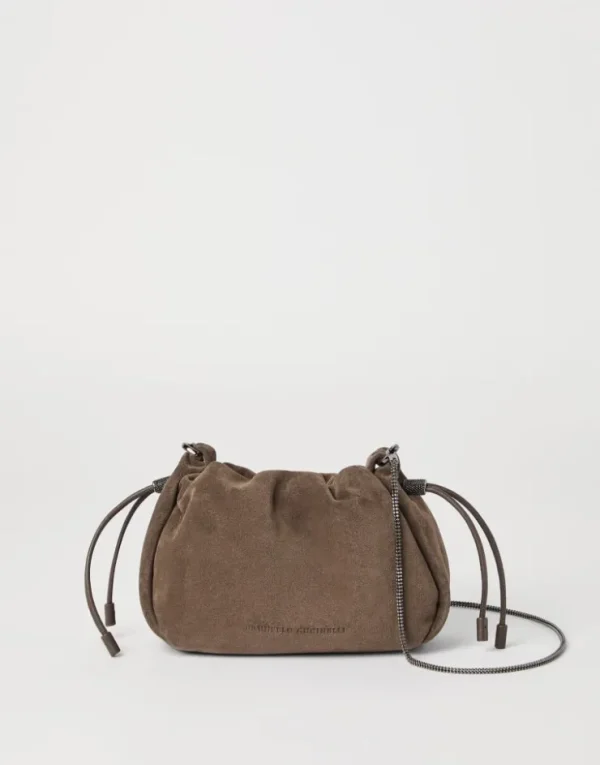 Brunello Cucinelli Mellow Mini Bucket-Bag aus Veloursleder mit Precious Chain | Damen Umhängetaschen & Rucksäcke