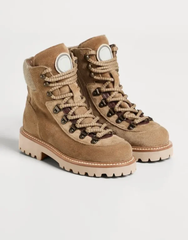 Brunello Cucinelli Mountain-Boots aus gewaschenem Veloursleder mit Patch | Kinder Schuhe