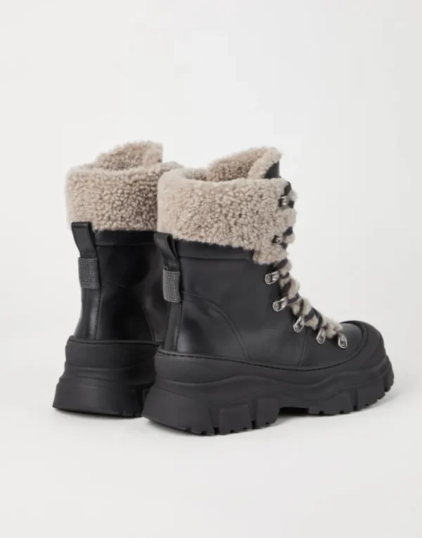 Brunello Cucinelli Mountain-Boots aus mattem Kalbsleder und Shearling mit Shiny Detail | Damen Stiefel