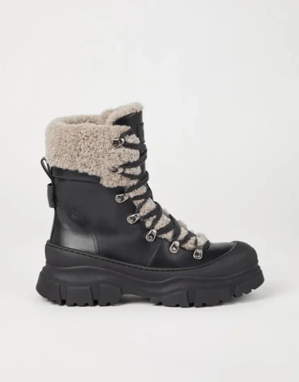 Brunello Cucinelli Mountain-Boots aus mattem Kalbsleder und Shearling mit Shiny Detail | Damen Stiefel