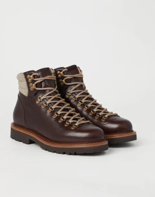 Brunello Cucinelli Mountain-Boots aus Texture-Kalbsleder mit Besatz aus Wollköper | Herren Boots