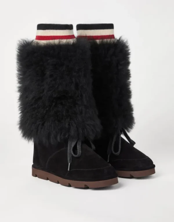 Brunello Cucinelli Mountain-Boots aus Veloursleder und Kaschmirstrick mit Besatz aus Shearling | Damen Stiefel