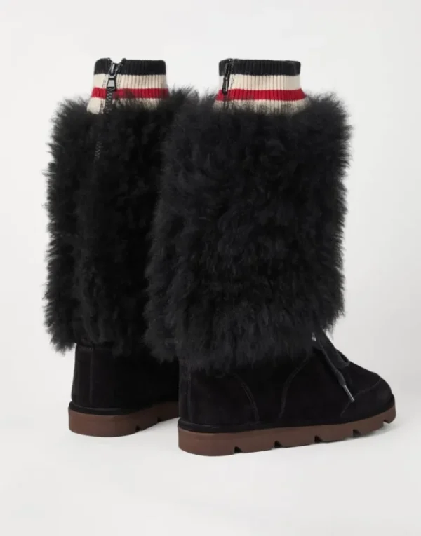 Brunello Cucinelli Mountain-Boots aus Veloursleder und Kaschmirstrick mit Besatz aus Shearling | Damen Stiefel