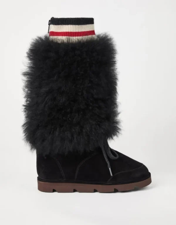 Brunello Cucinelli Mountain-Boots aus Veloursleder und Kaschmirstrick mit Besatz aus Shearling | Damen Stiefel