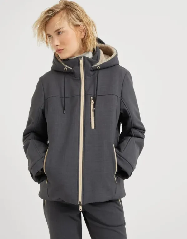 Brunello Cucinelli Mountain-Jacke aus Tropical Luxury-Wolle mit Wattierung aus Thermore®, Kapuze mit Shearling-Futter und Monili | Damen Travelwear | Mäntel & Jacken