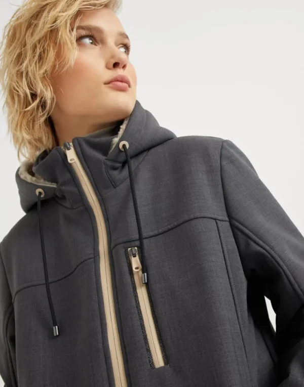 Brunello Cucinelli Mountain-Jacke aus Tropical Luxury-Wolle mit Wattierung aus Thermore®, Kapuze mit Shearling-Futter und Monili | Damen Travelwear | Mäntel & Jacken