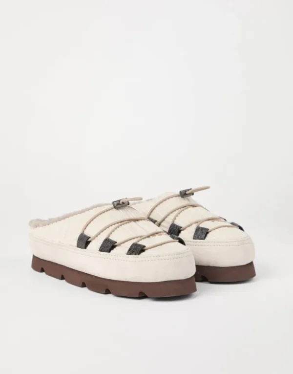 Brunello Cucinelli Mountain-Slipper aus Veloursleder und Cordsamt mit Futter aus Shearling und Shiny Eyelets | Damen Loafers & Flache Schuhe