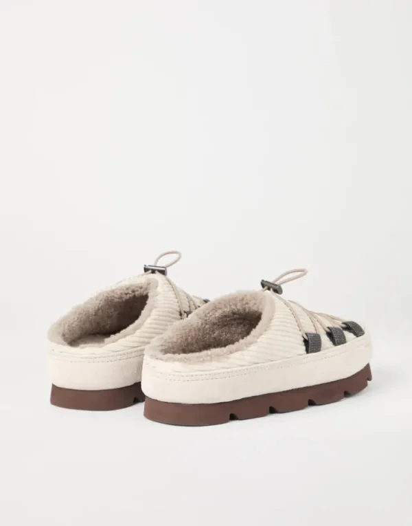 Brunello Cucinelli Mountain-Slipper aus Veloursleder und Cordsamt mit Futter aus Shearling und Shiny Eyelets | Damen Loafers & Flache Schuhe