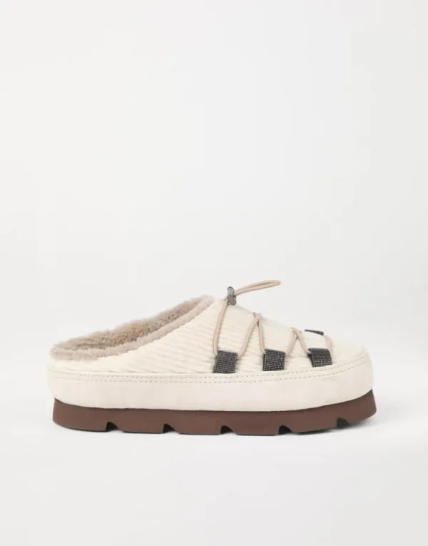 Brunello Cucinelli Mountain-Slipper aus Veloursleder und Cordsamt mit Futter aus Shearling und Shiny Eyelets | Damen Loafers & Flache Schuhe