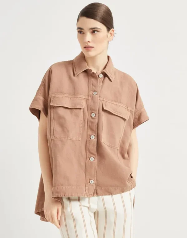 Brunello Cucinelli Overshirt aus stückgefärbtem Baumwollcover und Leinen mit Monili | Damen Mäntel & Jacken