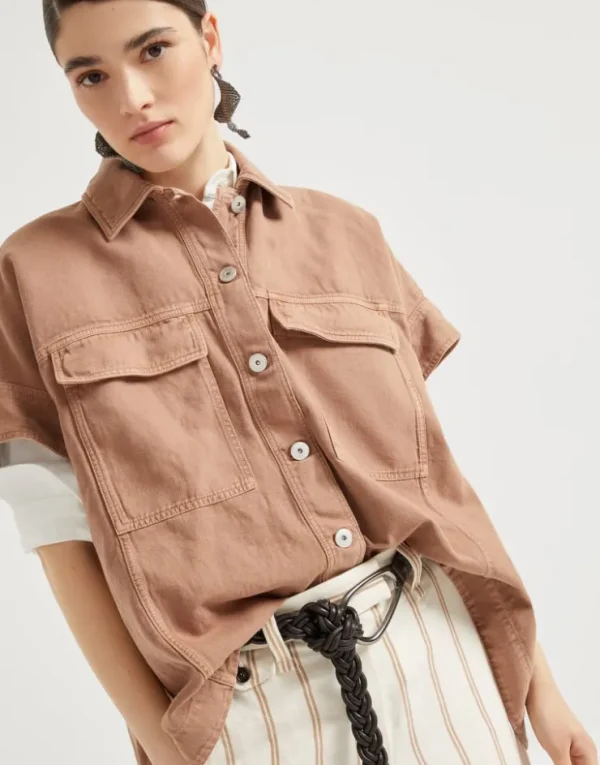 Brunello Cucinelli Overshirt aus stückgefärbtem Baumwollcover und Leinen mit Monili | Damen Mäntel & Jacken