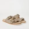 Brunello Cucinelli Pantoletten aus Délavé-Canvas und Veloursleder mit Schließen | Herren Pantoletten & Flipflops