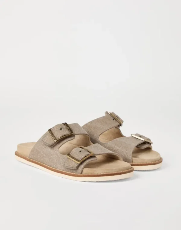 Brunello Cucinelli Pantoletten aus Délavé-Canvas und Veloursleder mit Schließen | Herren Pantoletten & Flipflops